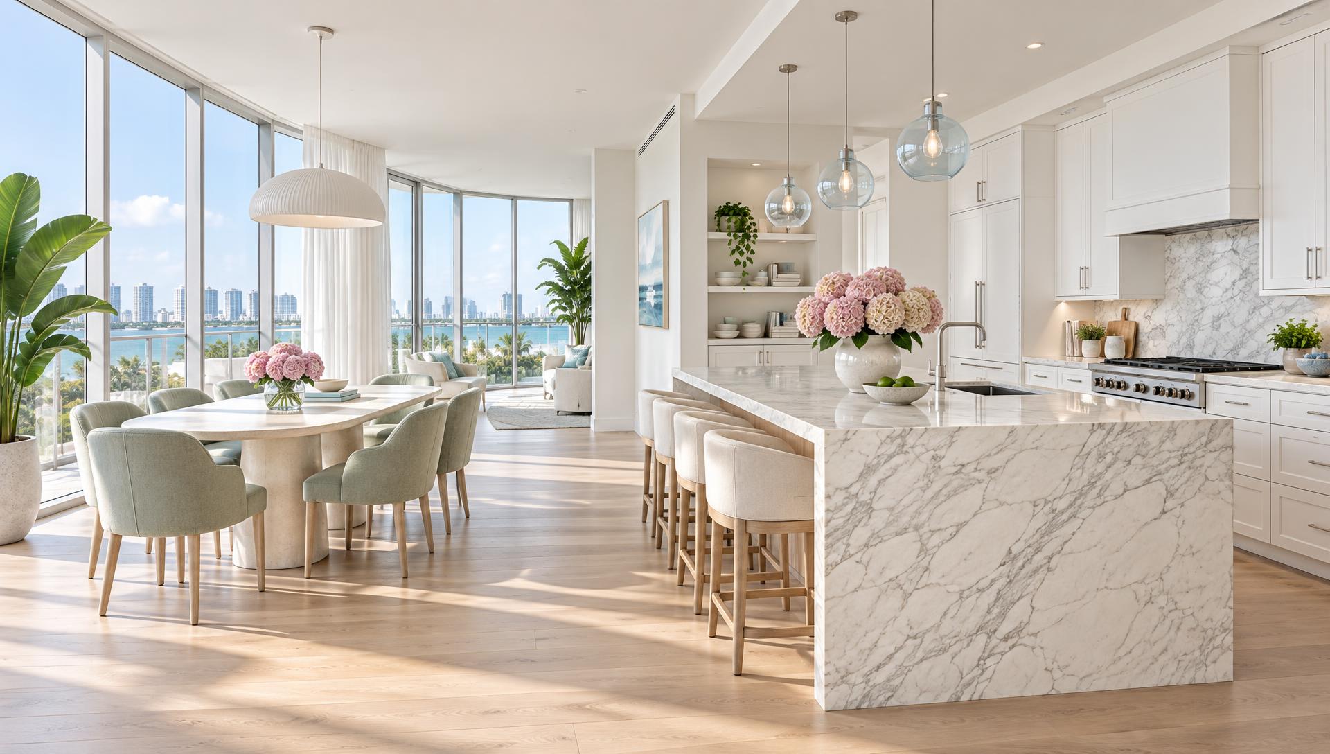 Apartamento luminoso en Miami con cocina blanca, isla de mármol y detalles pastel